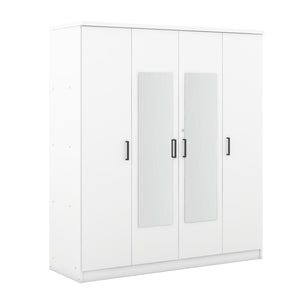 English Elm 4-door Mirrored Wardrobe White Mdf Armoire with Interior Shelves and Lockable Drawer LP006602AAK