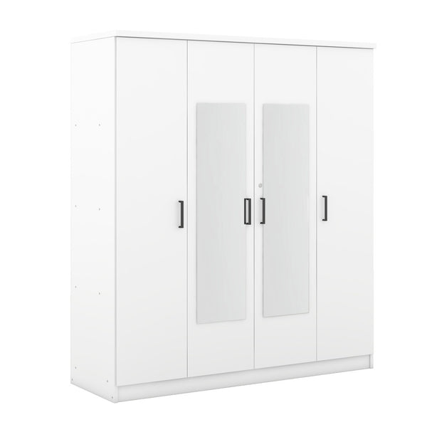 English Elm 4-door Mirrored Wardrobe White Mdf Armoire with Interior Shelves and Lockable Drawer LP006602AAK