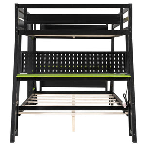 English Elm Full Size Gaming Bunk Bed with Dual Desks Usb Charging Ports and Pegboard Storage Green LT000274AAG