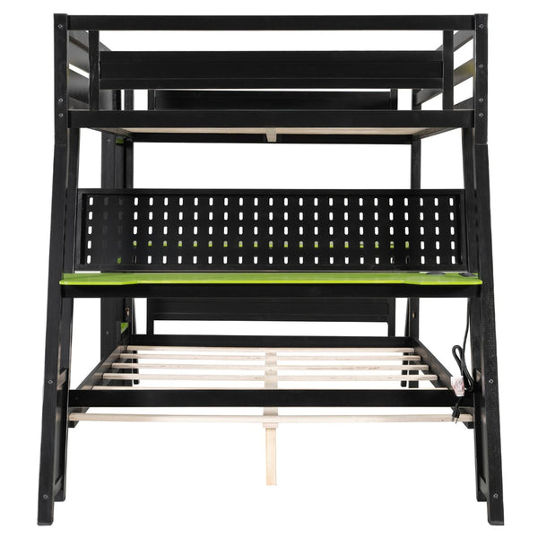 English Elm Full Size Gaming Bunk Bed with Dual Desks Usb Charging Ports and Pegboard Storage Green LT000274AAG