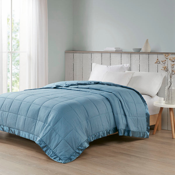 JLA Home Madison Park - Oversized Plush Down Alternative Blanket with Satin Trim, Hypoallergenic, Moisture-Wicking, Durable Luxury Slate Blue MP51-7647