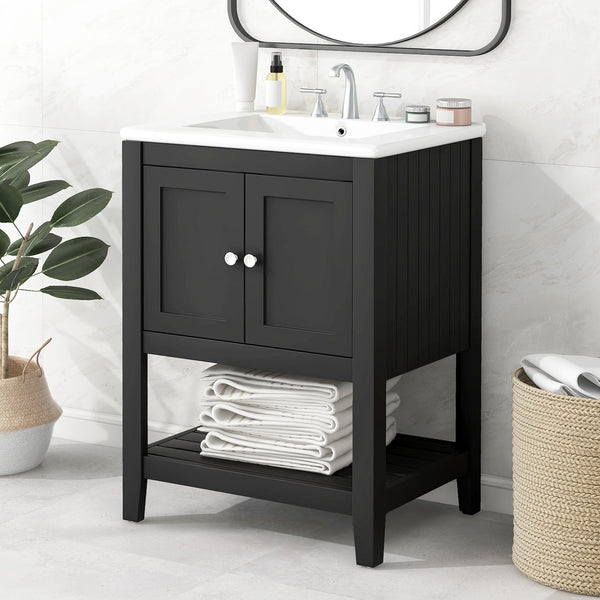 English Elm 24" Modern Sleek Bathroom Vanity with Ceramic Sink, Solid Wood Frame, Waterproof Finish and Open Shelf Storage Black N725P246473B
