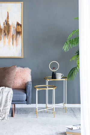 English Elm Set Hannes Nesting Side Tables with Glass Tops Elegant Deco-Modern Metal Frame for Living Rooms Gold+White W2078P394084