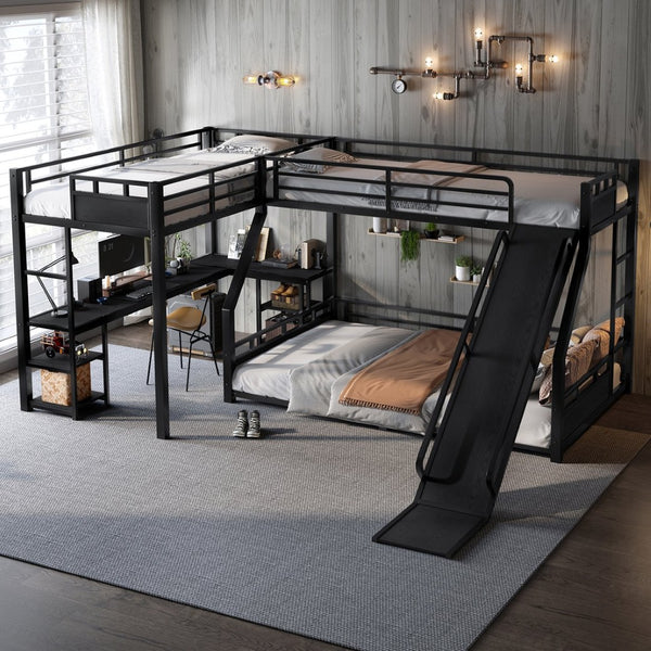 English Elm L-shaped Metal Triple Bunk Bed with Slide Desk Shelves and Usb Charging Black W1580S00569