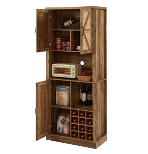English Elm 76-Inch Rustic Oak Wine Cabinet with 12 Compartments, 3D Faux Rattan Doors, Glass Holders & Shelves W2702P183964