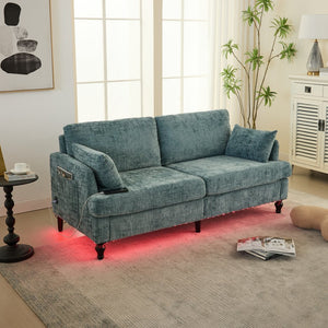 English Elm Modern chenille 2-seater sofa with LED lighting, USB charging, storage pocket, sturdy wood legs Lake Blue W395P318545