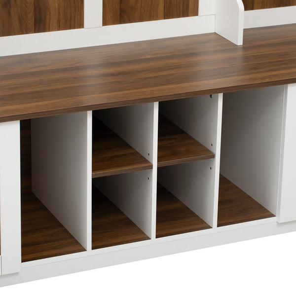 English Elm U-Can 5-in-1 Entryway Bench Hall Tree with 7 Hooks, 2 Drawers & Adjustable Shelves for Organized Homes Brown+White N724P235232D