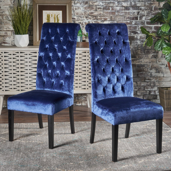 English Elm Christopher Knight Home® - GEORGE Velvet Tufted Hi-Back Dining Chair Set of 2 Navy Blue with Rolled Top, Birch Wood Frame Durable Comfort 52321.00NVLTNBL