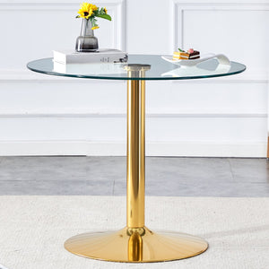 English Elm A 35-inch tempered glass round dining table with gold metal legs, modern minimalist design, seats 4-6 comfortably W1512P381456