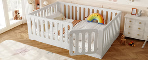 English Elm Twin Solid Pine Montessori Floor Bed with House Frame Door and Safety Fence Light White W5305P420635