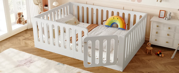 English Elm Twin Solid Pine Montessori Floor Bed with House Frame Door and Safety Fence Light White W5305P420635
