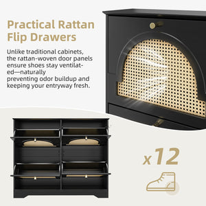 English Elm Mid-Century Rattan Flip Drawer Shoe Cabinet for Entryway — Breathable 4-Tier Organizer with Hooks and Anti-Tip Safety Black N721P288701B