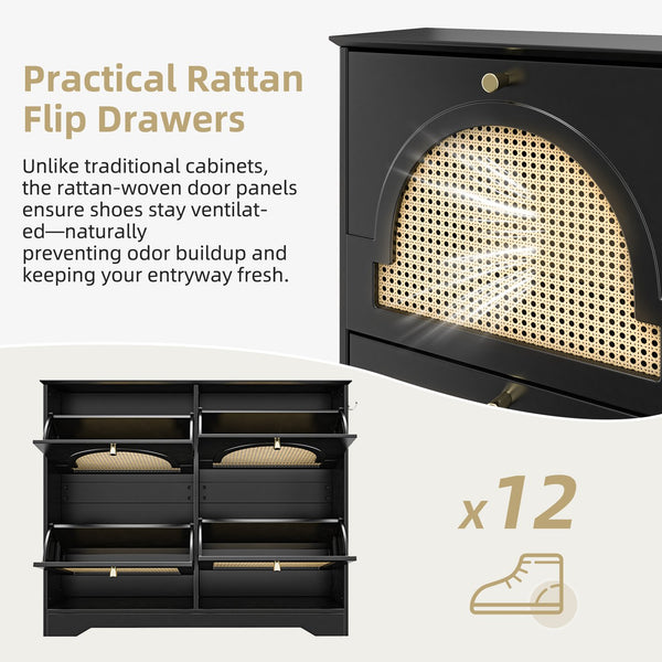 English Elm Mid-Century Rattan Flip Drawer Shoe Cabinet for Entryway — Breathable 4-Tier Organizer with Hooks and Anti-Tip Safety Black N721P288701B
