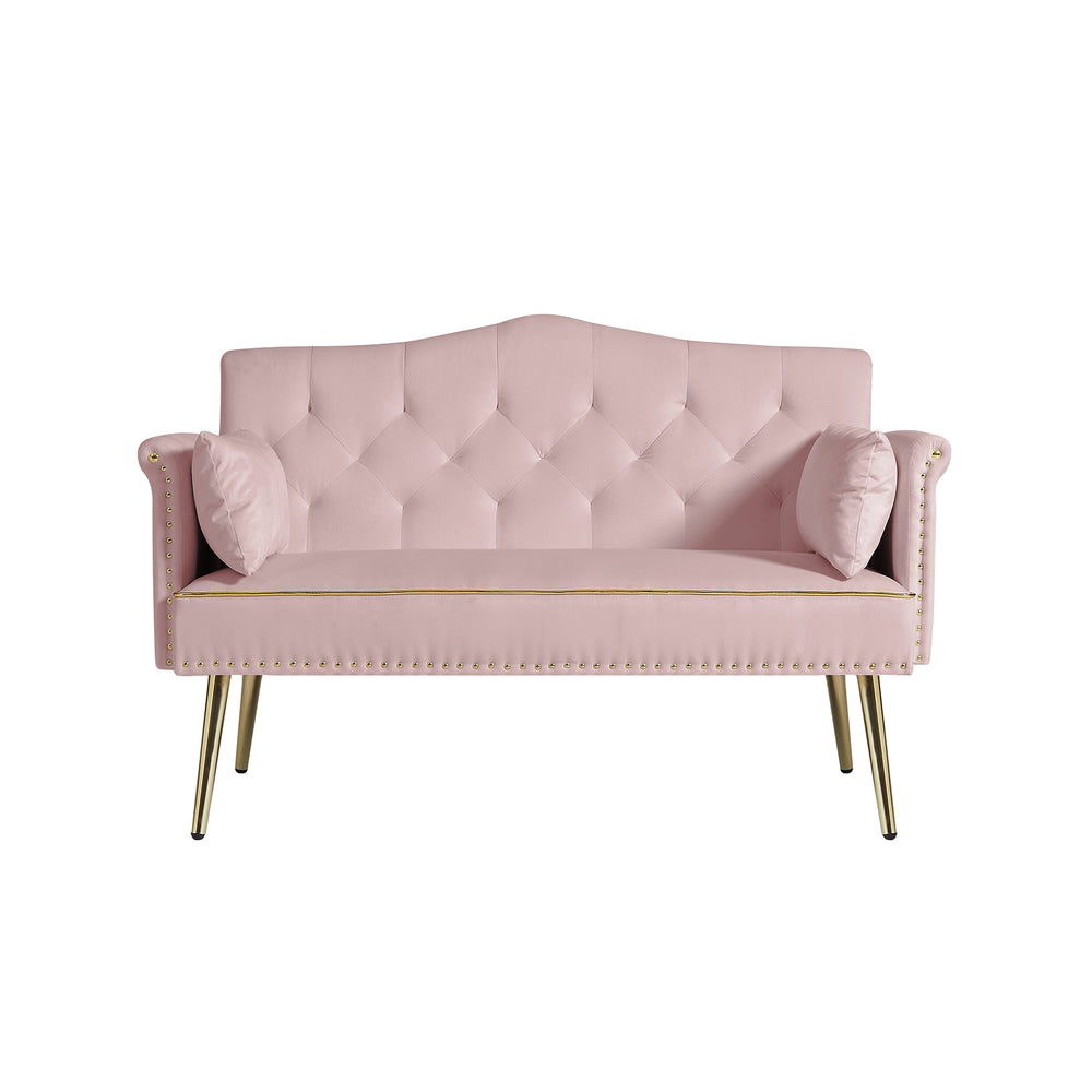 English Elm PINK Velvet 2-Seater Sofa with Gold Metal Legs, Plush Foam Seating, Solid Wood Frame, Elegant Design W588P165686