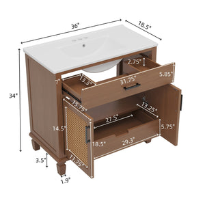 English Elm Christopher Knight Home® - 36" Rattan Bathroom Vanity with Ceramic Sink and Soft-Close Drawers, Handwoven Door Texture, Solid Wood Legs, Spacious Storage Elegance Brown N817P271077B
