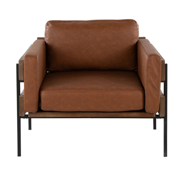 English Elm Kari Farmhouse Accent Chair Camel Faux Leather with Brown Wood Panel & Black Metal Base, Luxe Comfort B202S01299