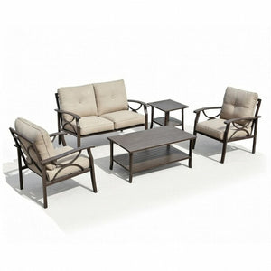 English Elm 5-piece Outdoor Steel Conversation Set with Thick Foam Cushions for Patio or Deck Beige B082S00121