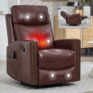 English Elm Wine Red Genuine Leather Swivel Rocker Recliner with Massage Heat for Living Room W1803P323712
