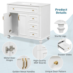 English Elm 36" Modern Bathroom Vanity with Ceramic Sink, Gold Handles, Flip-Out Drawer & Soft-Close Doors White N725P283623K