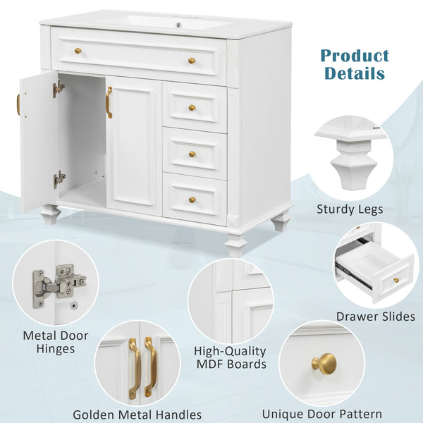 English Elm 36" Modern Bathroom Vanity with Ceramic Sink, Gold Handles, Flip-Out Drawer & Soft-Close Doors White N725P283623K