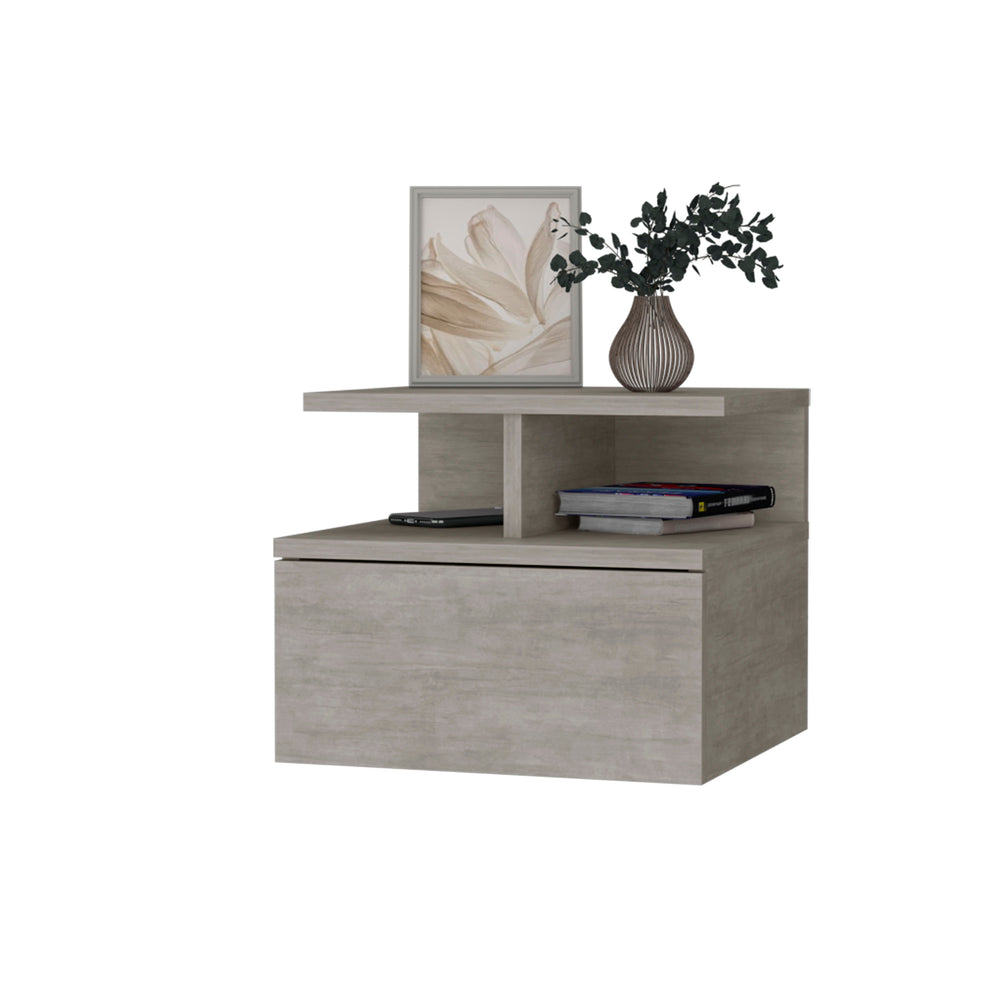 English Elm Augusta Floating Nightstand Concrete Gray — Wall-Mount 1-Drawer + 2-Tier Shelf, Space-Saving Modern Design B128P176116