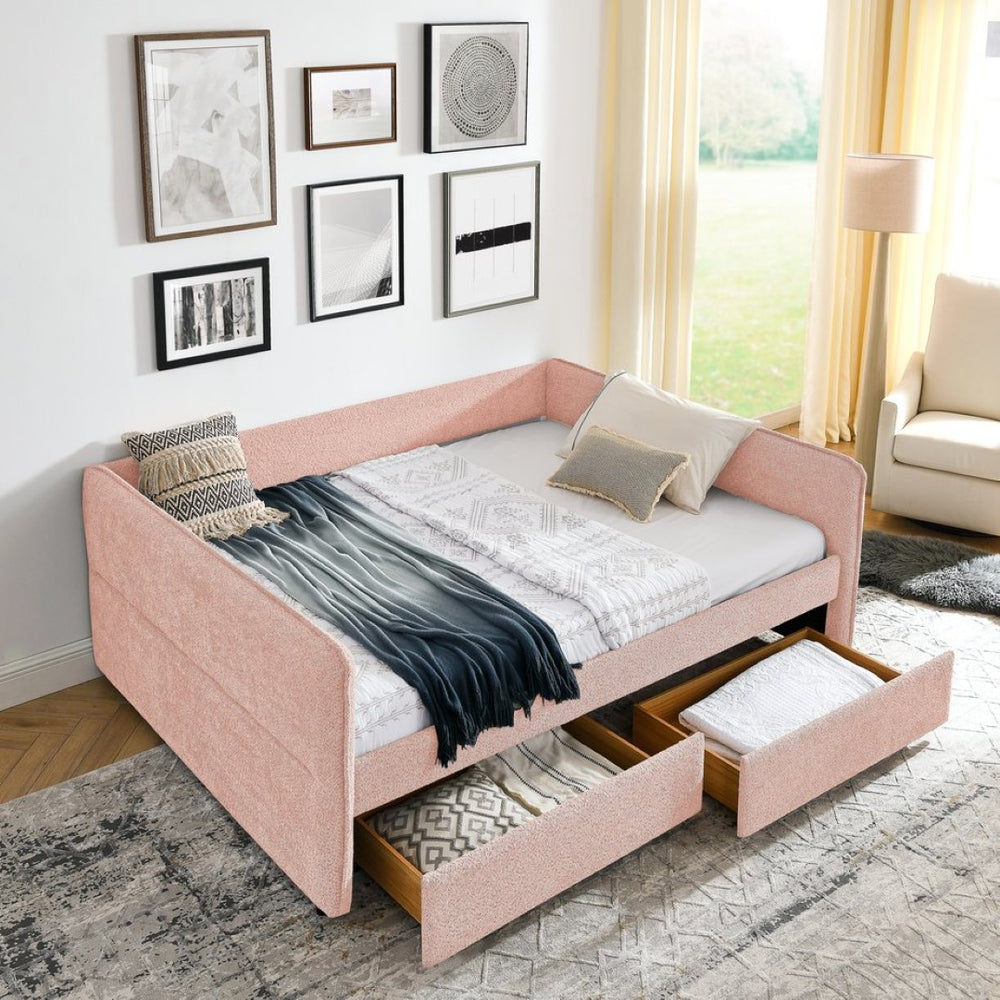 English Elm Queen Boucle Tufted Daybed Sofa with Storage Drawers Eucalyptus Frame Guest Room Pink W1413S00178