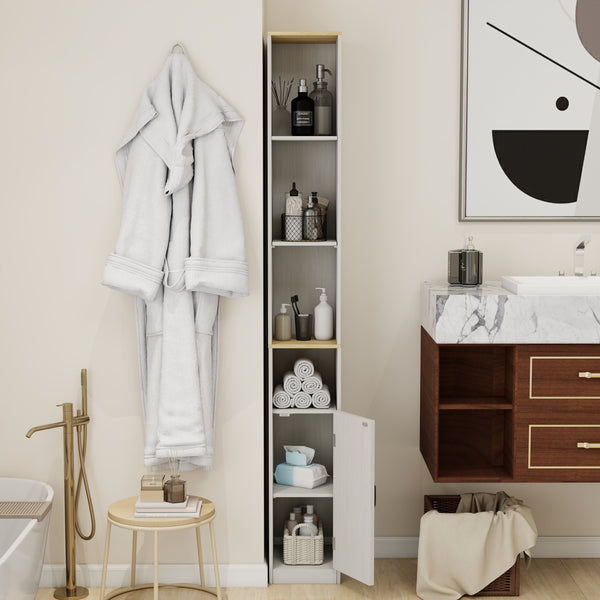 English Elm 72" Tall Slim Storage Cabinet Narrow 6-Tier Freestanding Bathroom Bookcase with Door, Adjustable Shelves, Antique White Finish – Sturdy MDF Organizer, Easy Assembly, Space-Saving Design W1120P317026