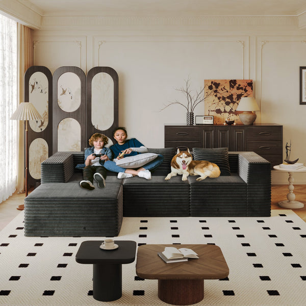 English Elm Modular Sectional Couch - Comfortable Boneless Sofa With Memory Foam, Plush Corduroy, No Assembly, Grey W3434S00025