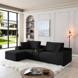 English Elm Modular Cloud Sectional Sofa with Corduroy Deep Seating Usb Ports and Storage Ottoman Black W1117S00360