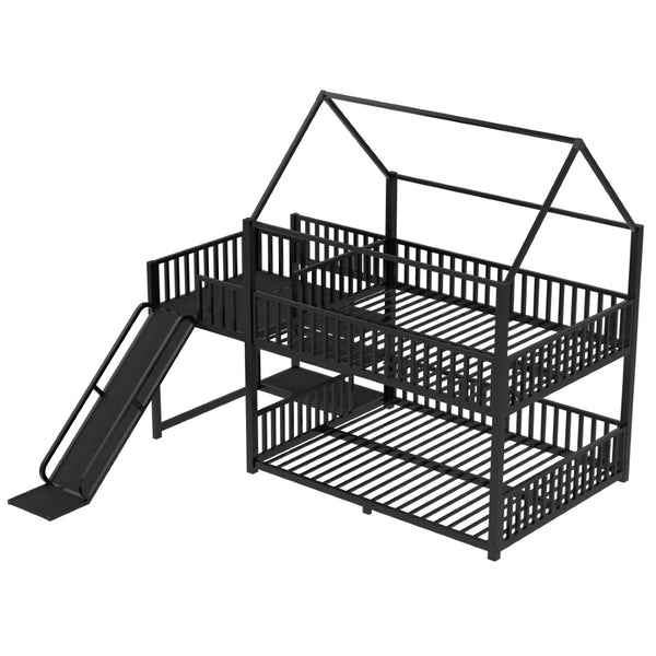 English Elm Full Metal House Bunk Bed with Slide Storage Stairs and Safety Rails for Kids W1580S00345
