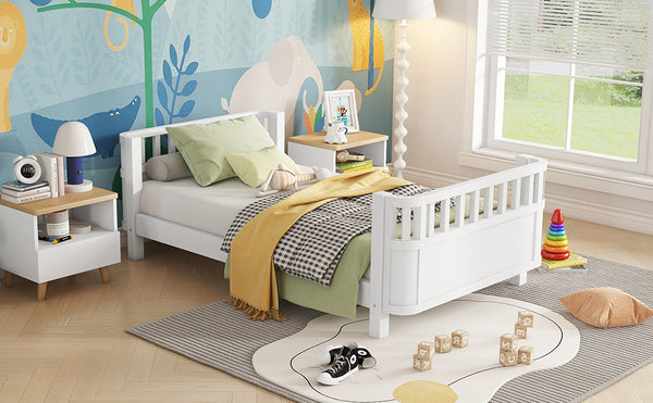 English Elm Twin Solid Pine Platform Bed with Guardrail for Kids — Low Profile White Twin Bed, Durable 250lb Capacity W2593P296772