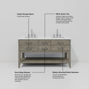 English Elm Grey Oak Double Bath Vanity - Modern 60-Inch W Storage Solution With Soft-Close Drawers & More! B2731P260263