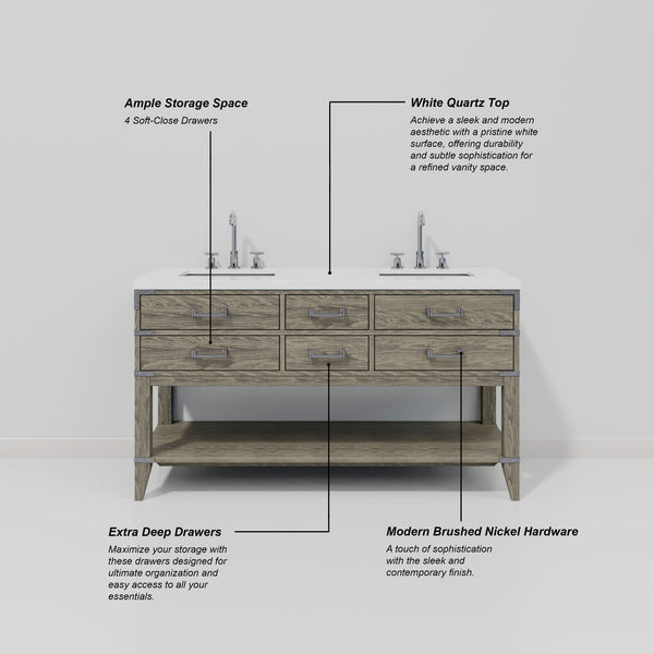 English Elm Grey Oak Double Bath Vanity - Modern 60-Inch W Storage Solution With Soft-Close Drawers & More! B2731P260263