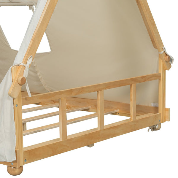 English Elm Twin Cabin Bed with Detachable Tent Skylight and Woodland Deer Antler Accents White N708P356717K