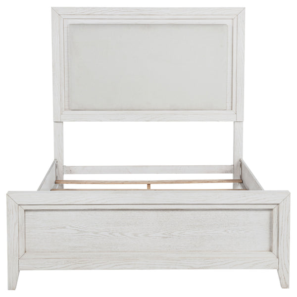 English Elm Inverness Distressed White Queen Bed with Padded Upholstered Headboard, Cottage Farmhouse Charm and Cozy Design B062S01343