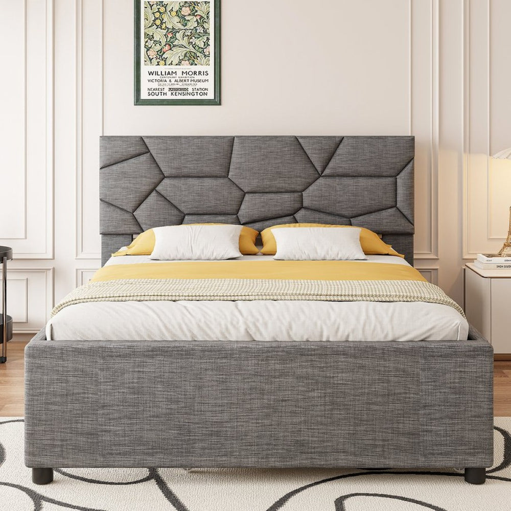 English Elm Queen Linen Upholstered Platform Bed with Brick Textured Headboard and Pull Out Trundle SF000004AAE-1
