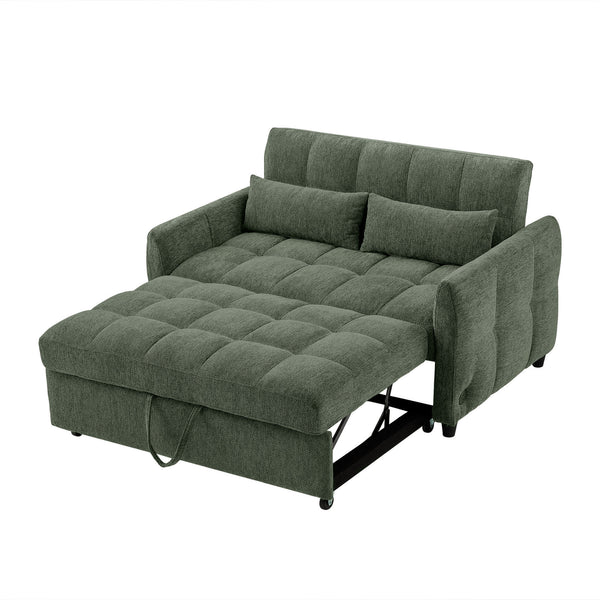 English Elm 52.8" Loveseat Sofa Pull-Out Bed with Adjustable Backrest, Tufted Chenille, 3 USB Ports & Pillows Green N719S001710F
