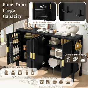 English Elm U_style Striped Four Door Sideboard Mdf Buffet Cabinet with Adjustable Shelves for Dining Black N711P345170B