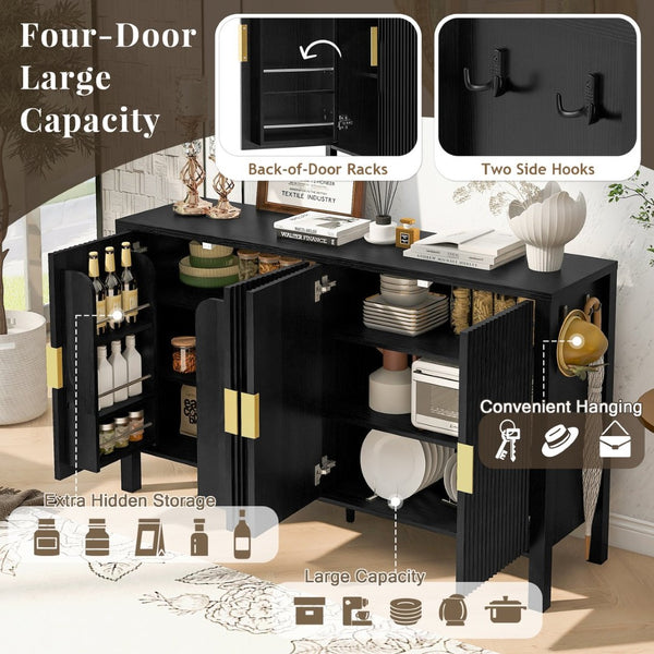 English Elm U_style Striped Four Door Sideboard Mdf Buffet Cabinet with Adjustable Shelves for Dining Black N711P345170B