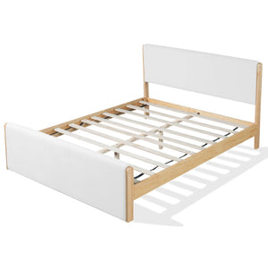 English Elm Queen Platform Bed Natural Wood Frame Beige Upholstered Headboard Low Profile N758Q909899N