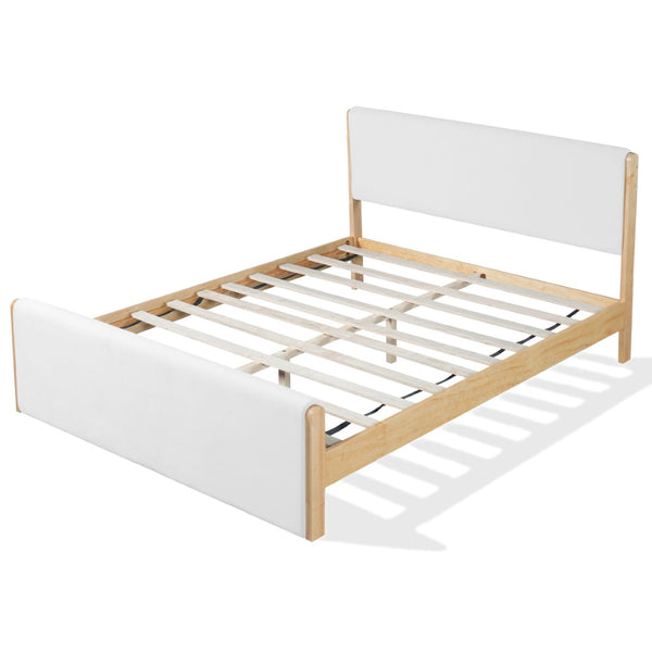 English Elm Queen Platform Bed Natural Wood Frame Beige Upholstered Headboard Low Profile N758Q909899N