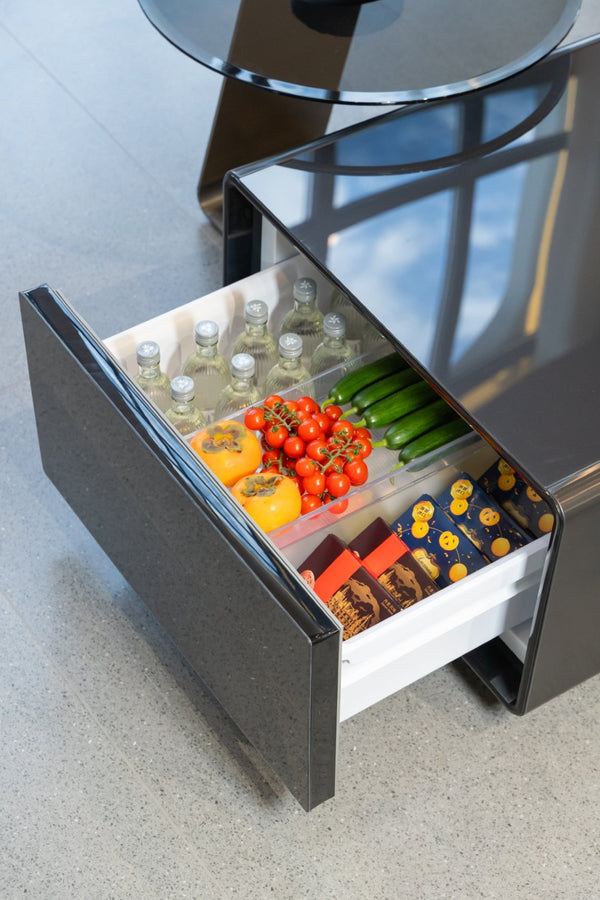 English Elm Modern Coffee Table with Built in Mini Fridge Power Outlets and Beverage Storage Black W1172P483596