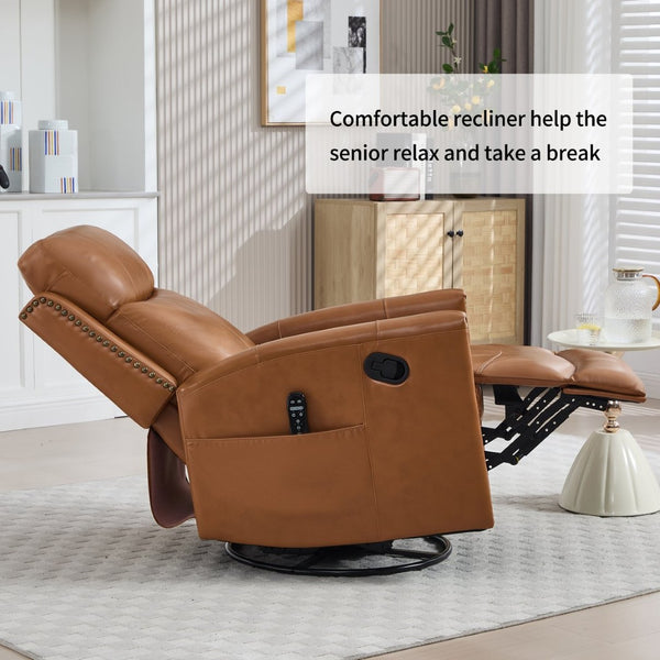 English Elm Orange Genuine Leather Massage Rocking Swivel Recliner with Lumbar Heat for Living Room W1803P323715