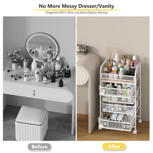 English Elm Makeup Organizer 4-Drawer Rolling Cart with Dividers & Brakes, 360° Wheels, Durable MDF Steel White T3210P392612