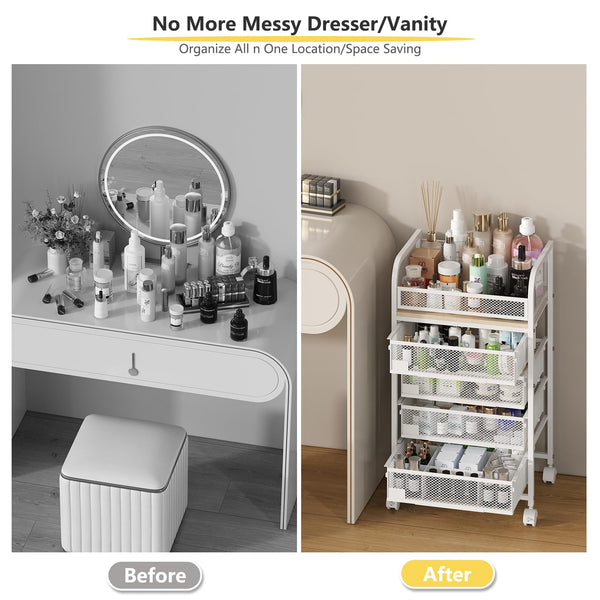 English Elm Makeup Organizer 4-Drawer Rolling Cart with Dividers & Brakes, 360° Wheels, Durable MDF Steel White T3210P392612