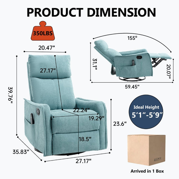 English Elm Heat Massage Rocker Swivel Recliner Fabric Chair with Lumbar Therapy for Living Room Antique Blue Green W1803P362302