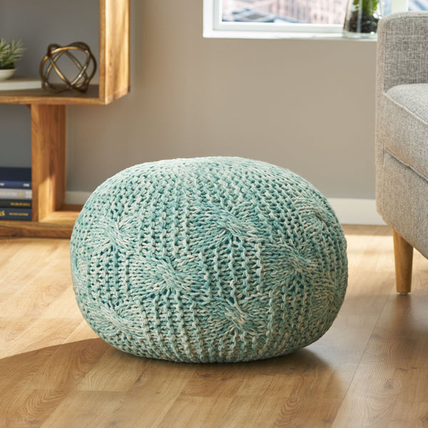 English Elm Christopher Knight Home® - Deon Handcrafted Knitted PET Yarn Round Pouf 20x20x14 in Aqua — Cozy Modern Footrest & Extra Seating 60496.00