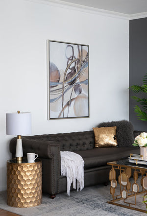 English Elm 35.4x47.2x1.5" Hand-Stretched Abstract Watercolor-Oil Painting on Silver Frame, River Rocks Accent Art—Neutral Blues & Browns for Modern Interiors W2078P313346