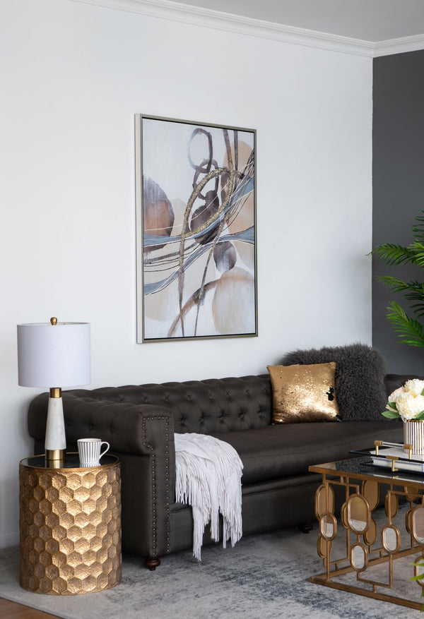 English Elm 35.4x47.2x1.5" Hand-Stretched Abstract Watercolor-Oil Painting on Silver Frame, River Rocks Accent Art—Neutral Blues & Browns for Modern Interiors W2078P313346