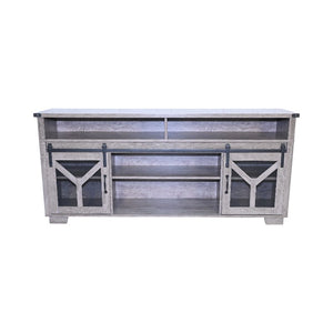 English Elm 65.3" TV Stand with LED Ambience, Sliding Iron Mesh Barn Doors, Y-Accent Rustic Farmhouse Storage Antique Gray W1412P271801